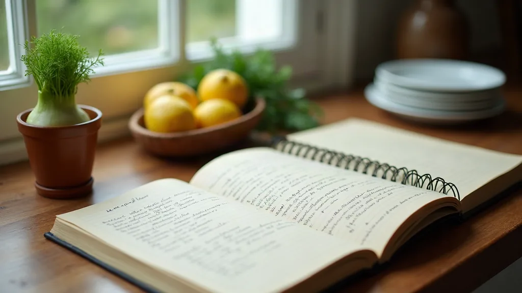 Plan de travail de cuisine avec fenouil, citrons et carnet de recettes en pleine lumière du jour