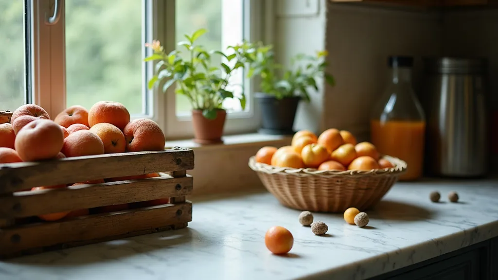 Panier de légumes et fruits en P sur un plan de cuisine en lumière naturelle