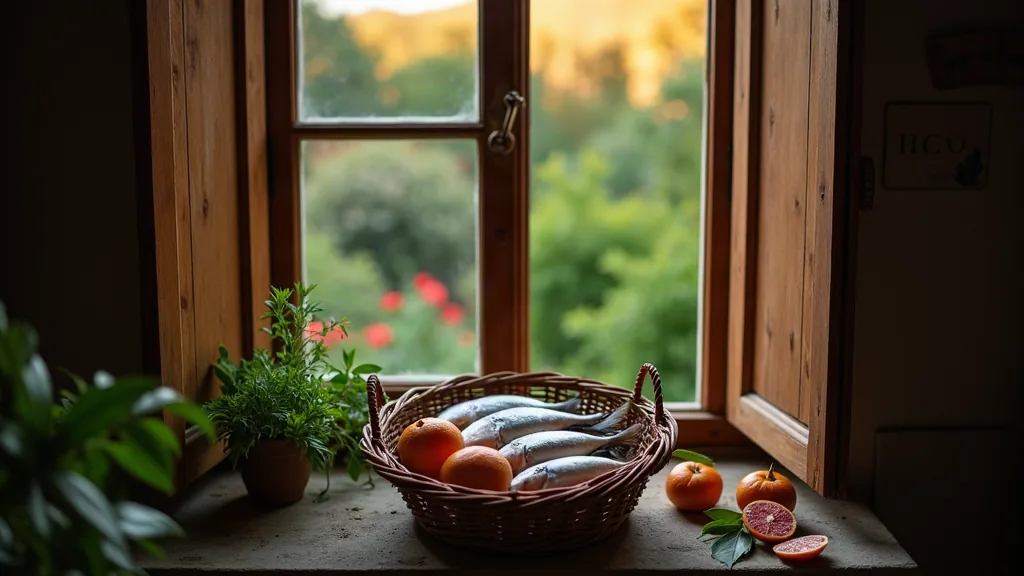 Vue depuis une cuisine sur un jardin au crépuscule avec des aliments en S