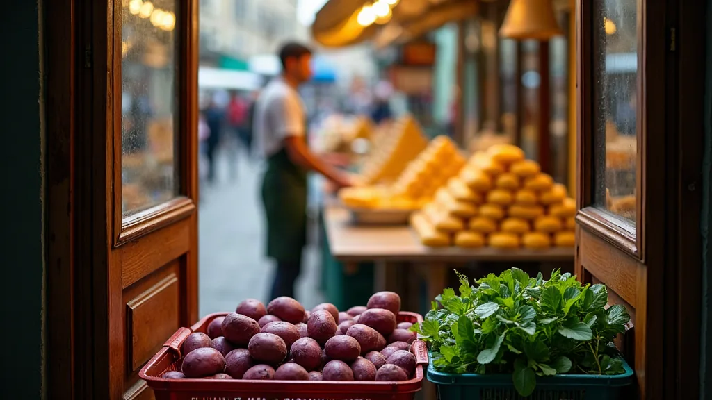 Marché en plein jour avec pommes de terre vitelotte et fromage valençay vus depuis une cuisine