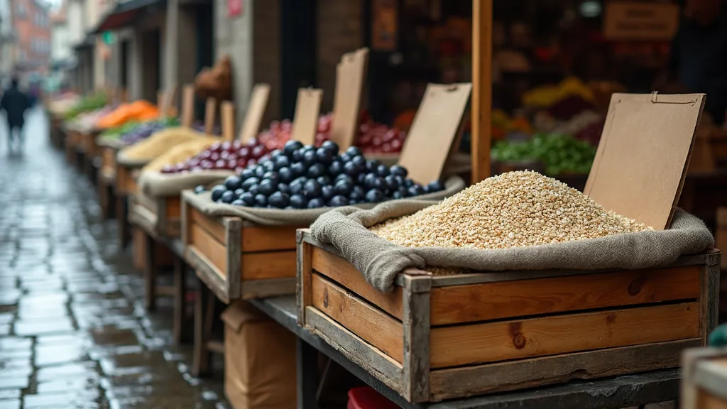 Aliments en Q : la liste (enfin complète) pour ne plus sécher en cuisine Étal de marché avec prunes et graines après la pluie, pavés mouillés