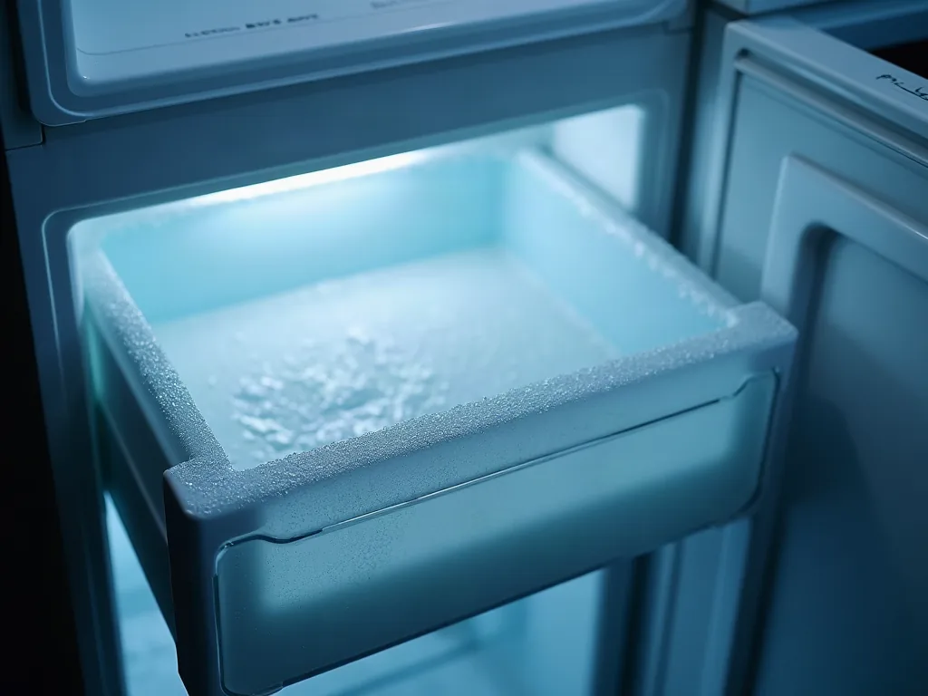 Distributeur de glaçons Samsung en panne ? Voici comment le réinitialiser Bac à glaçons ouvert dans un compartiment congélateur avec givre visible