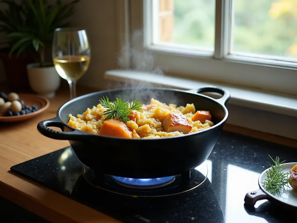 Choucroute de grand-mère : la recette qui ne rate jamais Cocotte en fonte avec choucroute et viandes fumées en cuisson