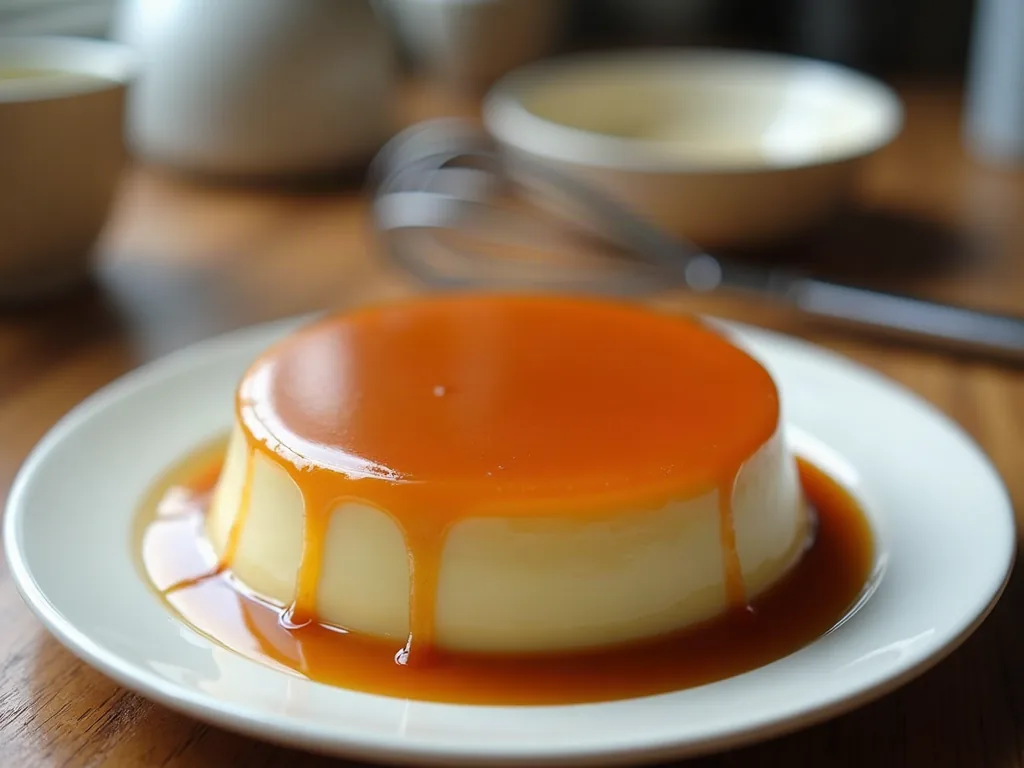 Trop d'œufs au frigo ? La recette qui les écoule tous d'un coup Crème renversée au caramel démoulée sur une assiette en cuisine