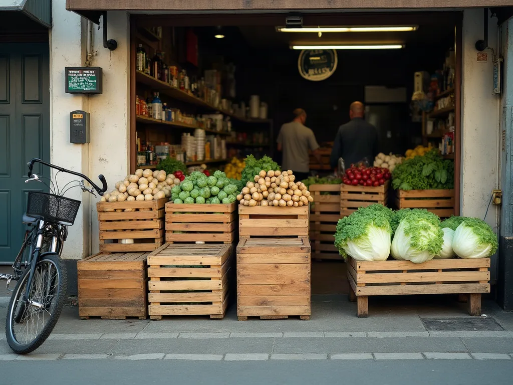 Devanture d'épicerie de quartier avec ignames et salades exposées le matin