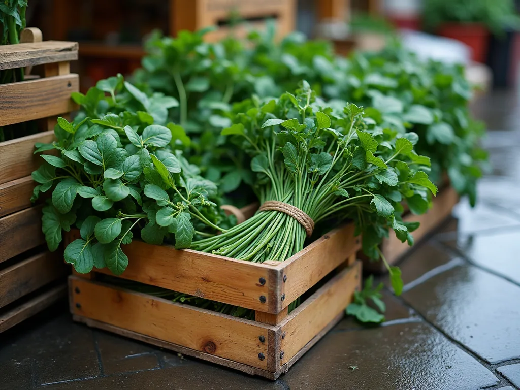 Épinards frais et bottes d'estragon dans une caisse en bois au marché