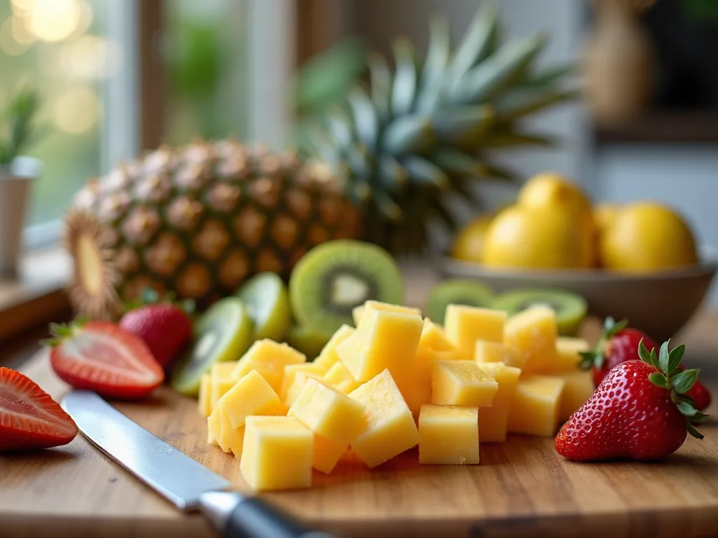 Brochette de fruits : le dessert d'été qui ne rate jamais Fruits frais coupés en cubes prêts à être montés en brochette
