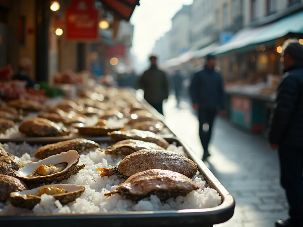 Étal de poissonnier avec huîtres et harengs vue depuis l'intérieur de la boutique