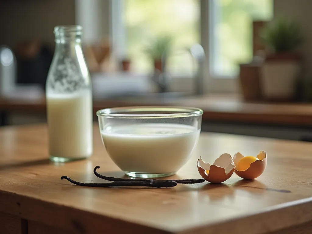 Ingrédients du flan aux œufs disposés sur une table de cuisine, œufs, lait et gousse de vanille