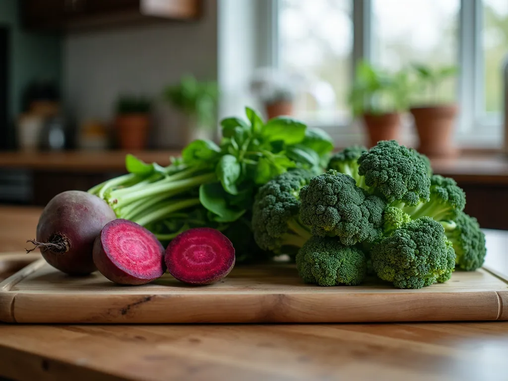 Brocoli, betteraves et basilic frais posés sur une table de cuisine