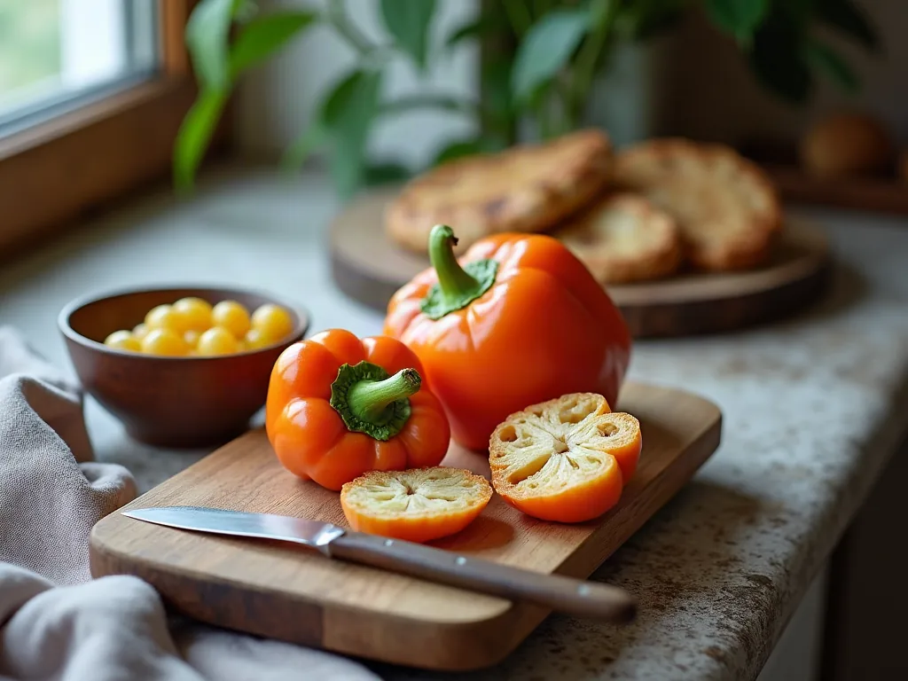 Poivron et panais coupés sur une planche en bois dans une cuisine