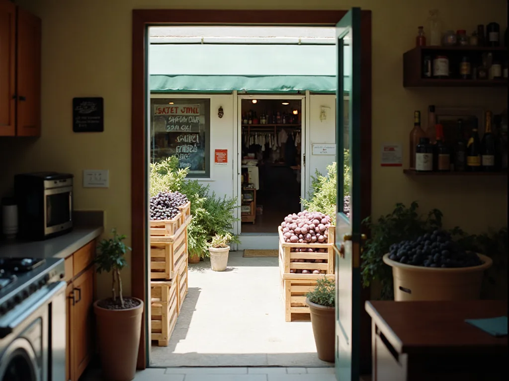 Vue depuis une cuisine sur une épicerie de quartier avec légumes violets et bouteilles de vin