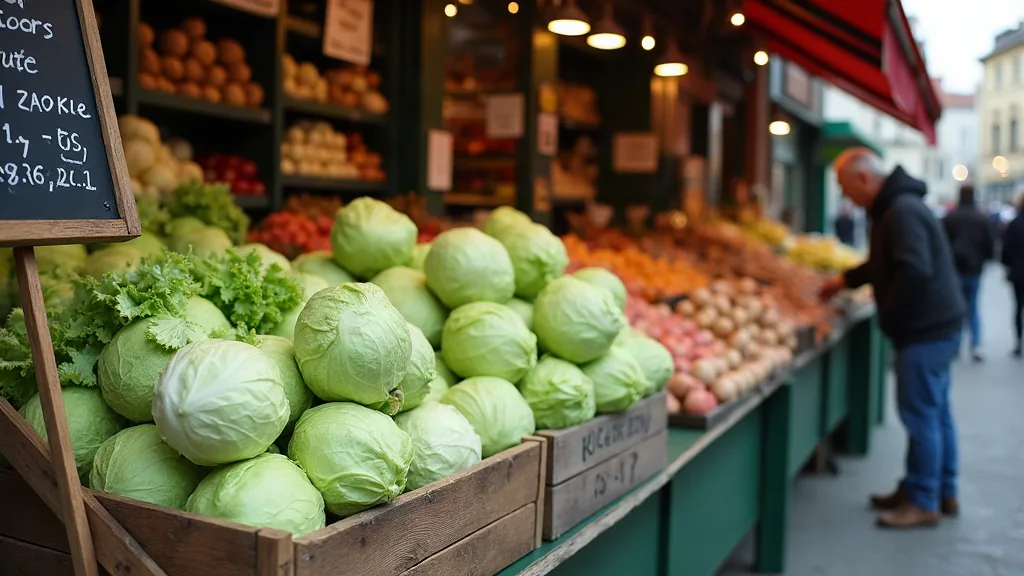 Étal de marché de quartier le matin avec salades iceberg et ignames