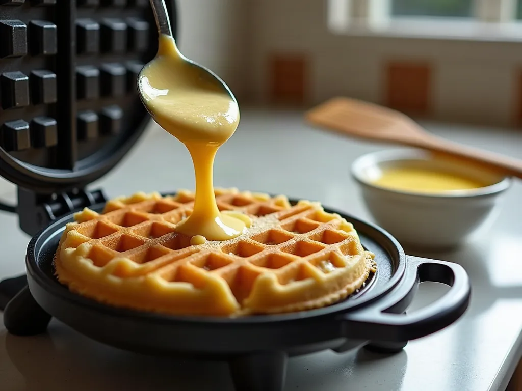 Gaufre traditionnelle : la recette qui ne rate jamais Pâte à gaufre versée dans un gaufrier ouvert