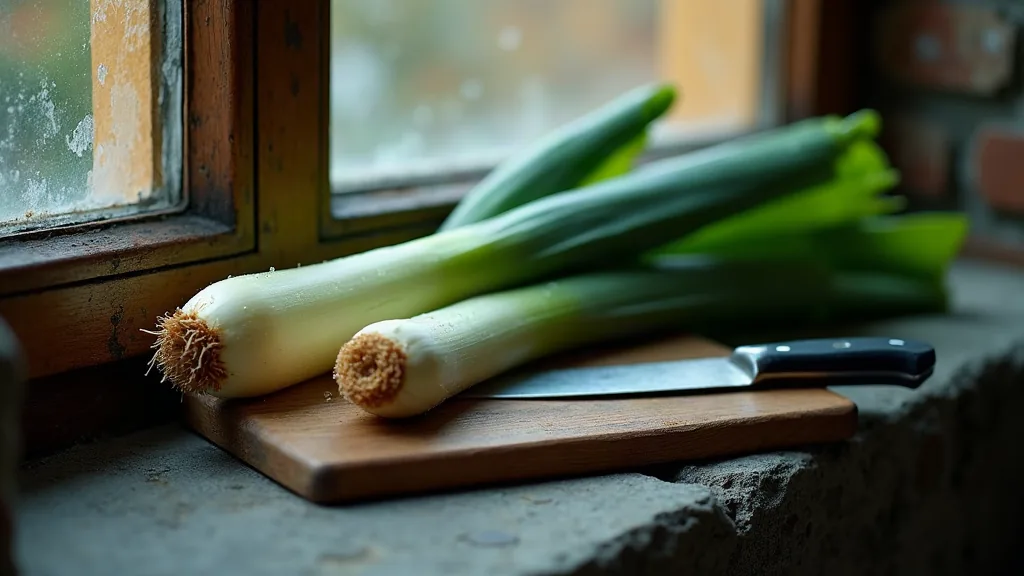 Temps de cuisson des poireaux : le bon minutage selon la méthode choisie Poireaux frais posés sur une planche en bois au crépuscule