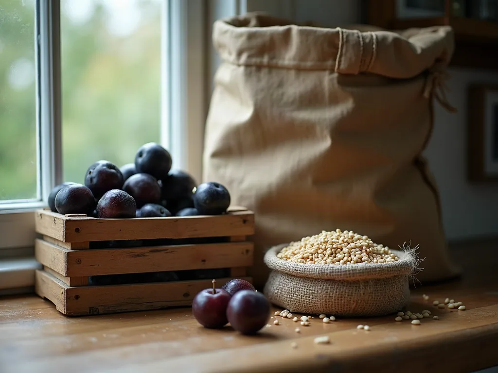 Aliments en Q : la liste (enfin complète) pour ne plus sécher en cuisine Caisse de prunes violettes et sac de graines de quinoa sur un plan de travail
