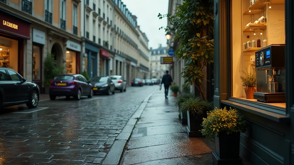 Rue résidentielle après la pluie avec vitrine d'électroménager