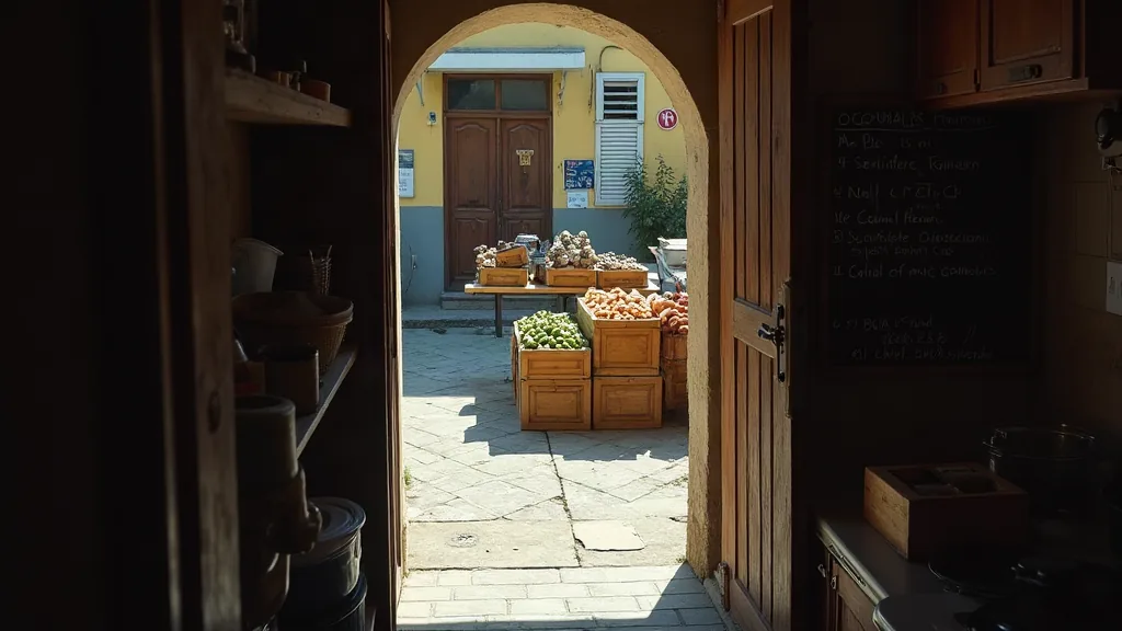 Vue depuis une cuisine sur un marché de quartier avec étals de fruits et légumes l'après-midi