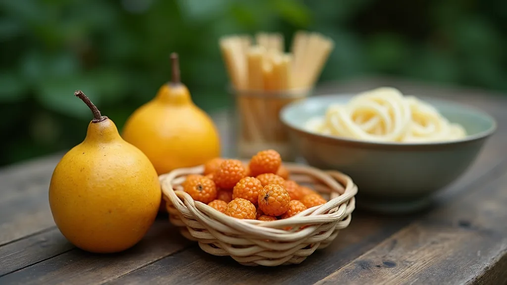 Fruits et aliments en U posés sur une table de jardin