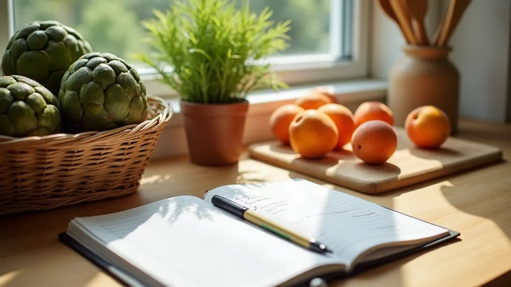 Bureau de cuisine ensoleillé avec artichauts et abricots frais