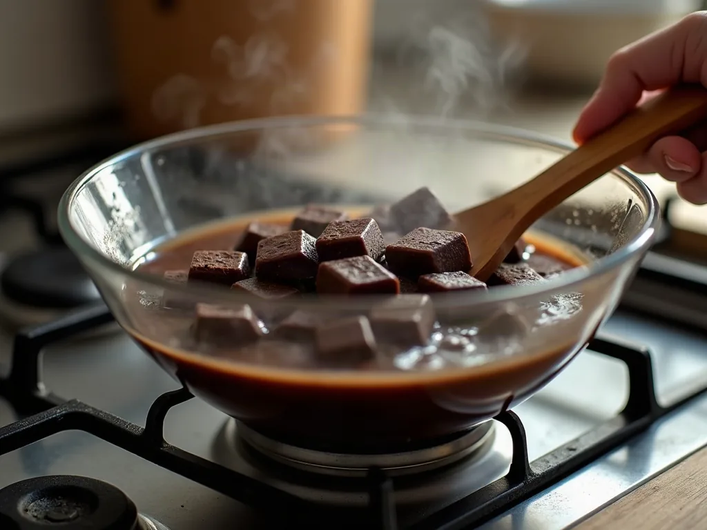 Mousse au chocolat sans sucre : la recette fondante qui ne trompe personne Chocolat noir fondant au bain-marie dans une cuisine