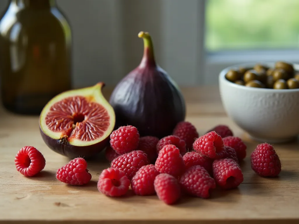 Aliments en F : la liste (enfin complète) pour cuisiner sans sécher Framboises, figue coupée et fèves sur un plan de travail
