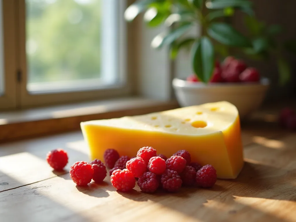 Fromage gouda et groseilles fraîches sur un plan de travail en bois l'après-midi