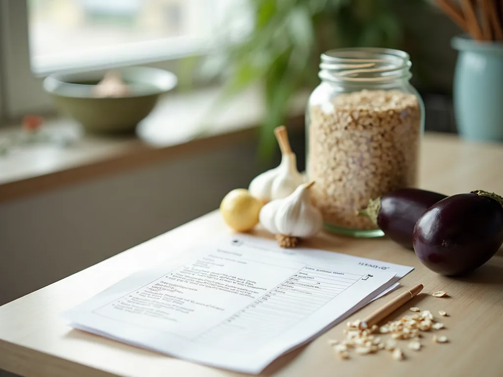 Ail, aubergine et flocons d'avoine disposés sur un plan de travail lumineux