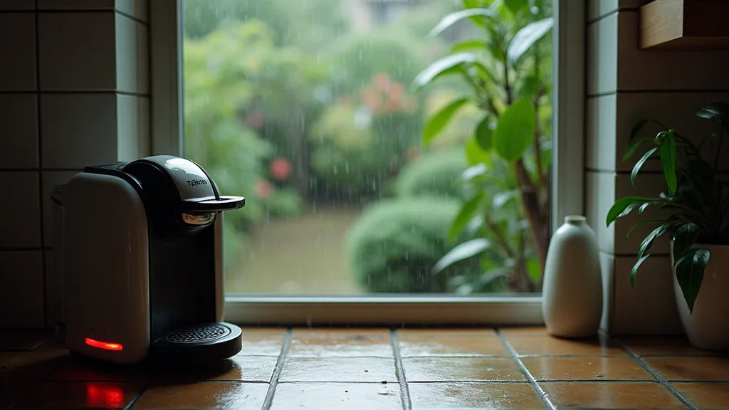 Machine à café capsules sur un plan de cuisine avec jardin humide en arrière-plan