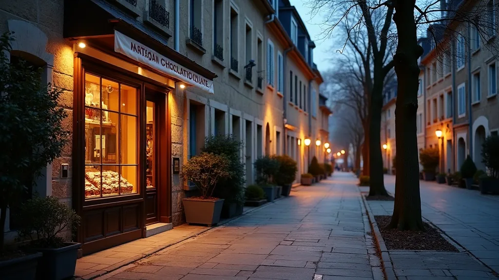 Mousse au chocolat sans sucre : la recette fondante qui ne trompe personne Rue résidentielle française au crépuscule avec vitrine de chocolaterie éclairée
