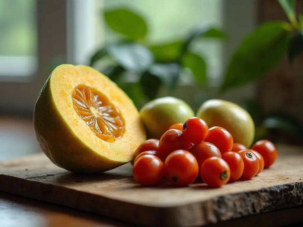 Ugli coupé en deux à côté de physalis uchuva sur une planche en bois